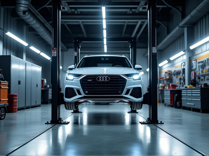 Stanowisko serwisowe z pojazdem Audi na podnośniku